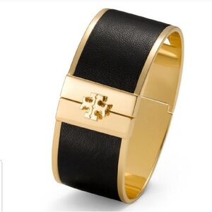 Tory Burch Leather Inlay Hinged Bangle Bracelet -Black/Gold
